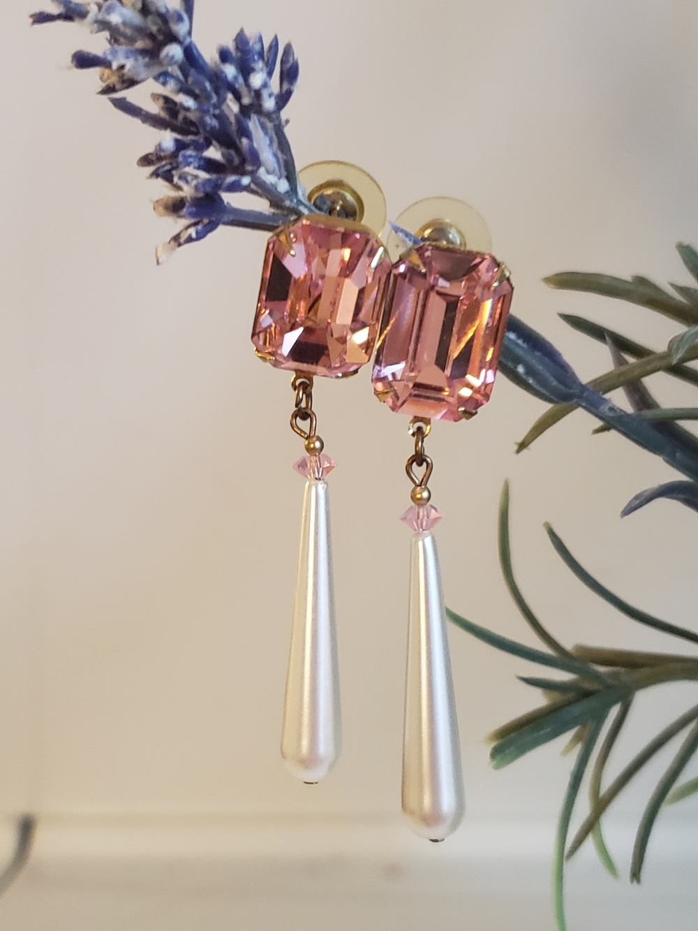 Pink Crystal Drop Earrings with Pearl Teardrops